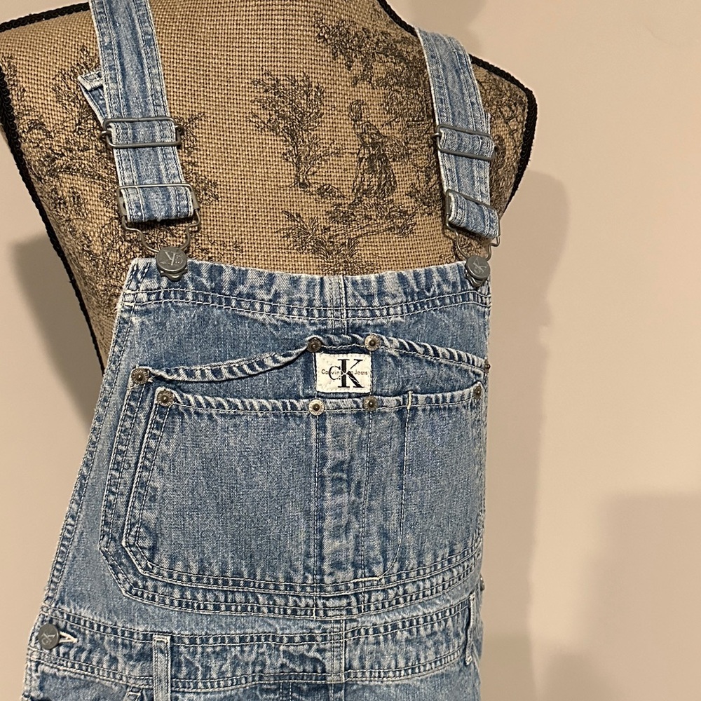 Calvin Klein Blue distressed Denim bib Overalls carpenter jeans size large - Picture 2 of 11